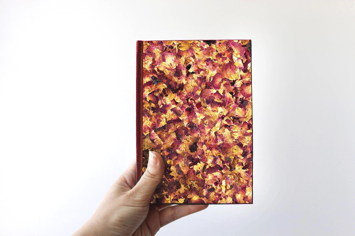 Red Vegan Leather Aroma Cover Rose Petals Handmade Journal, Pocket A6 Intimate Diary